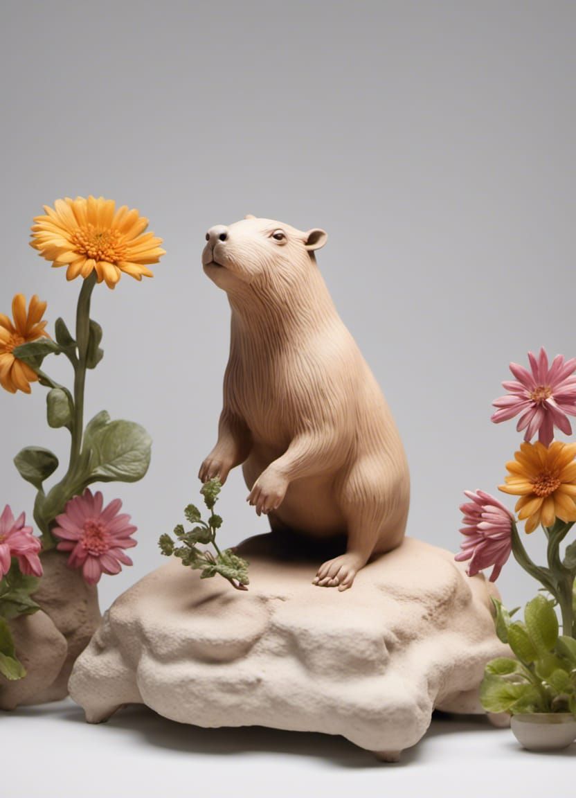 Capybara Picking Flowers: Ceramic Sculpture