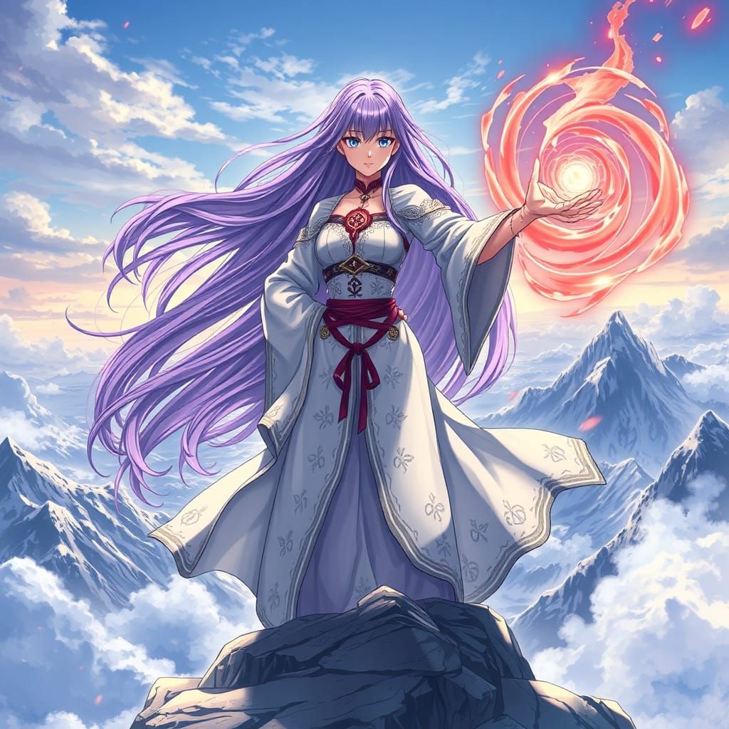 Anime Sorceress Summons Energy on Windswept Peak