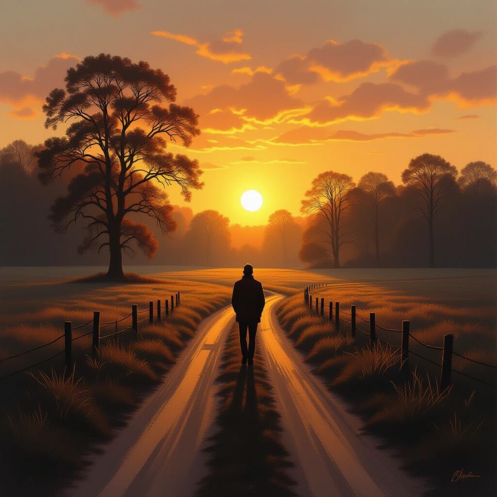 Solitary Figure at Crossroads in Sunrise Glow