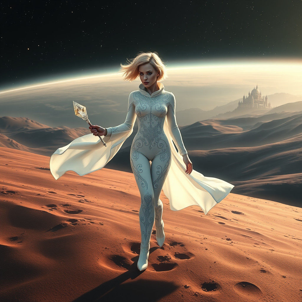 Sorceress in Spacesuit Walks on Distant Planet