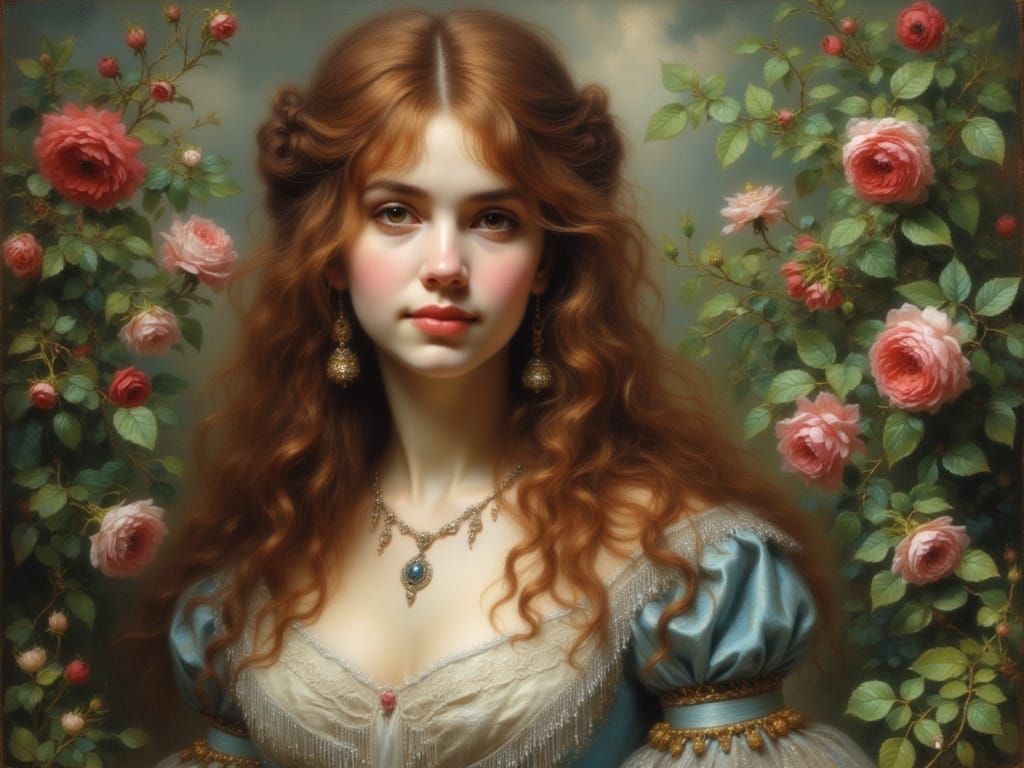 Victorian Woman in Rose Garden, Old Masters Style