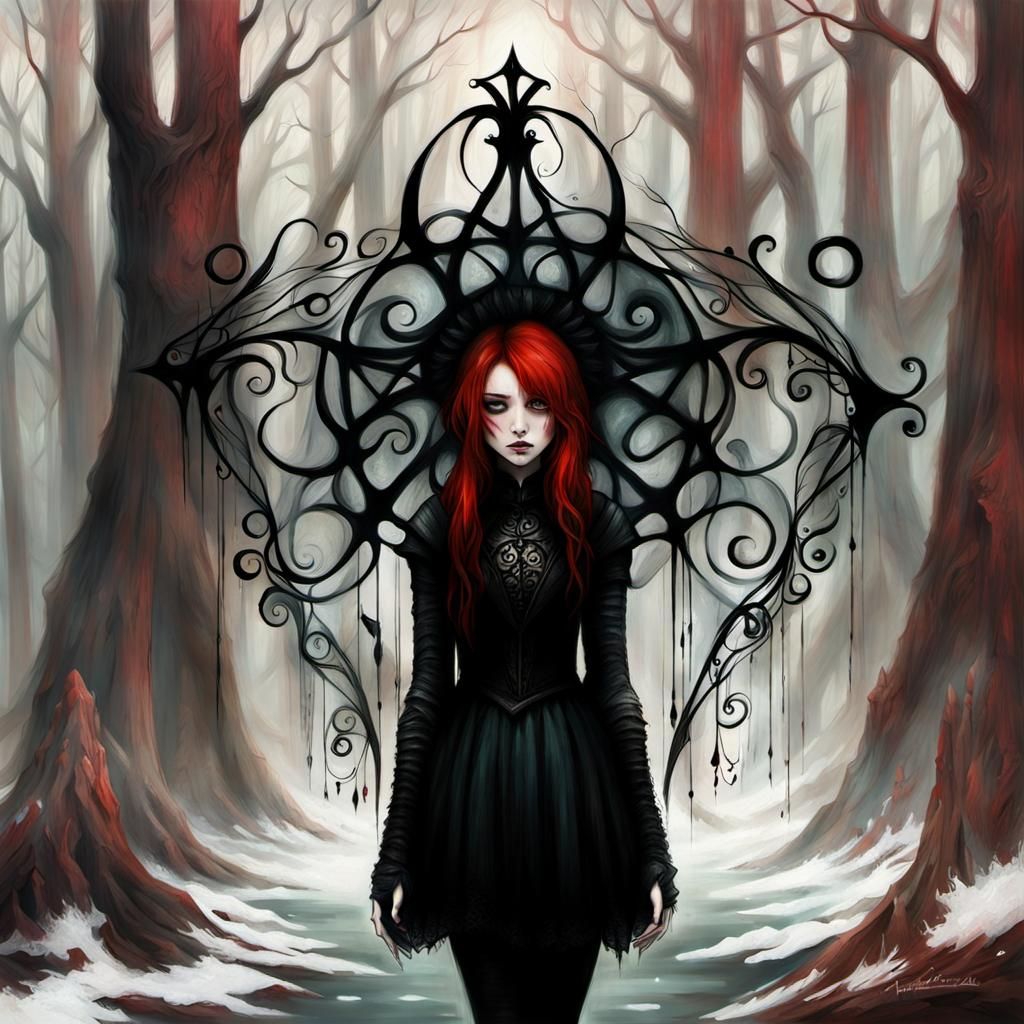 Ethereal Red-Haired Emo Girl in Surreal Goth Art