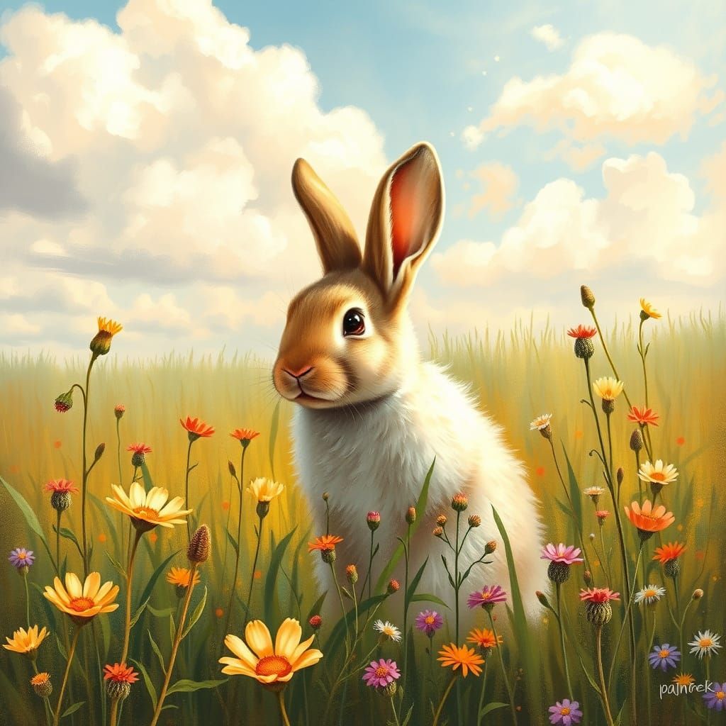Rabbit in Meadow Inspired by Classic Illustrators
