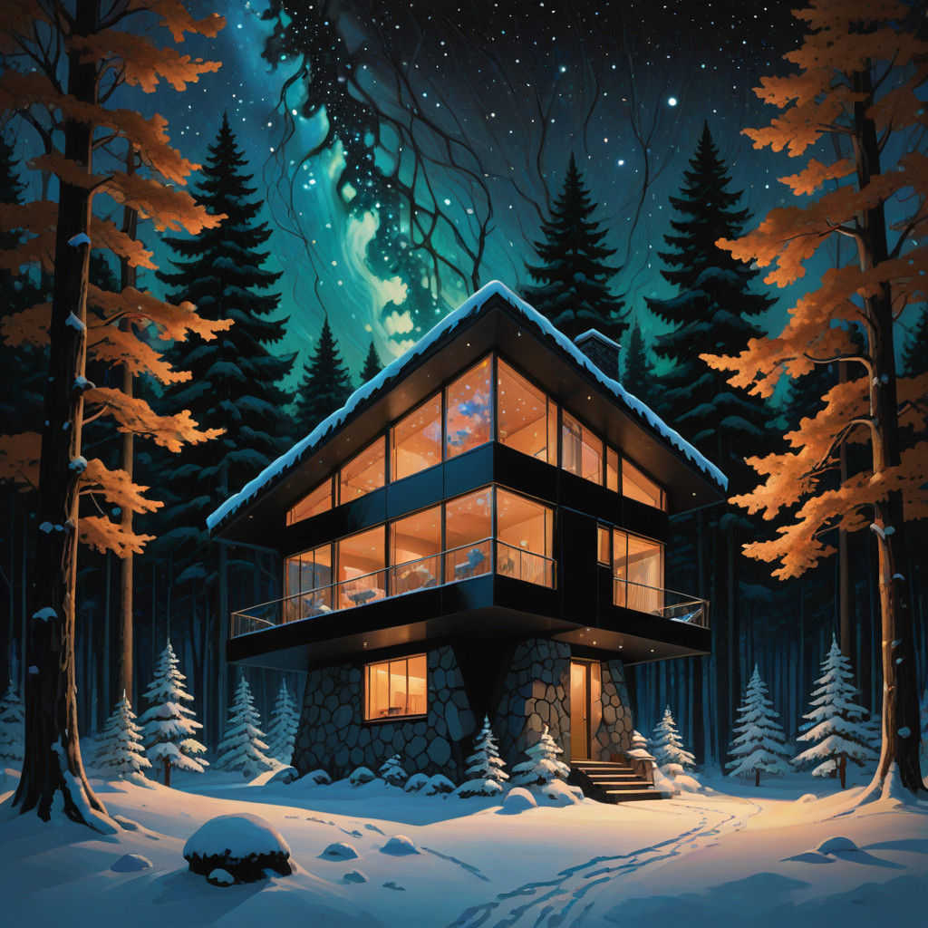 Surreal Futuristic Mountain Cottage in Cyberpunk Style