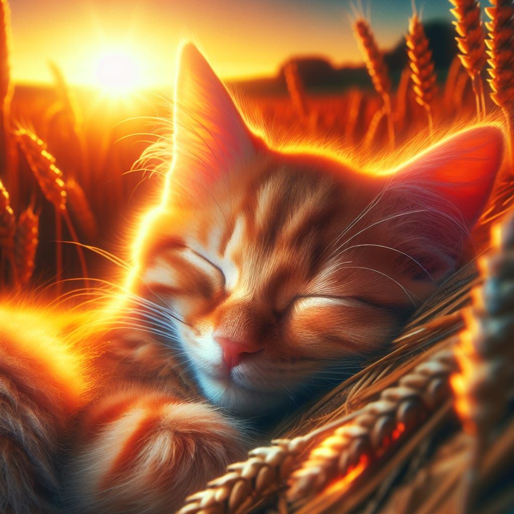Orange Tabby Cat Napping in Golden Wheat Field