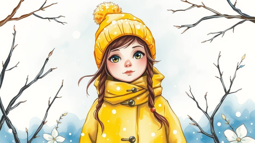Girl in Yellow Coat: Winter Watercolor Portrait