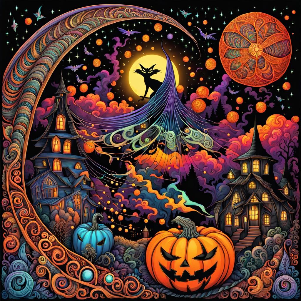 Zentangle Halloween Witch Unleashing Magic Destruction