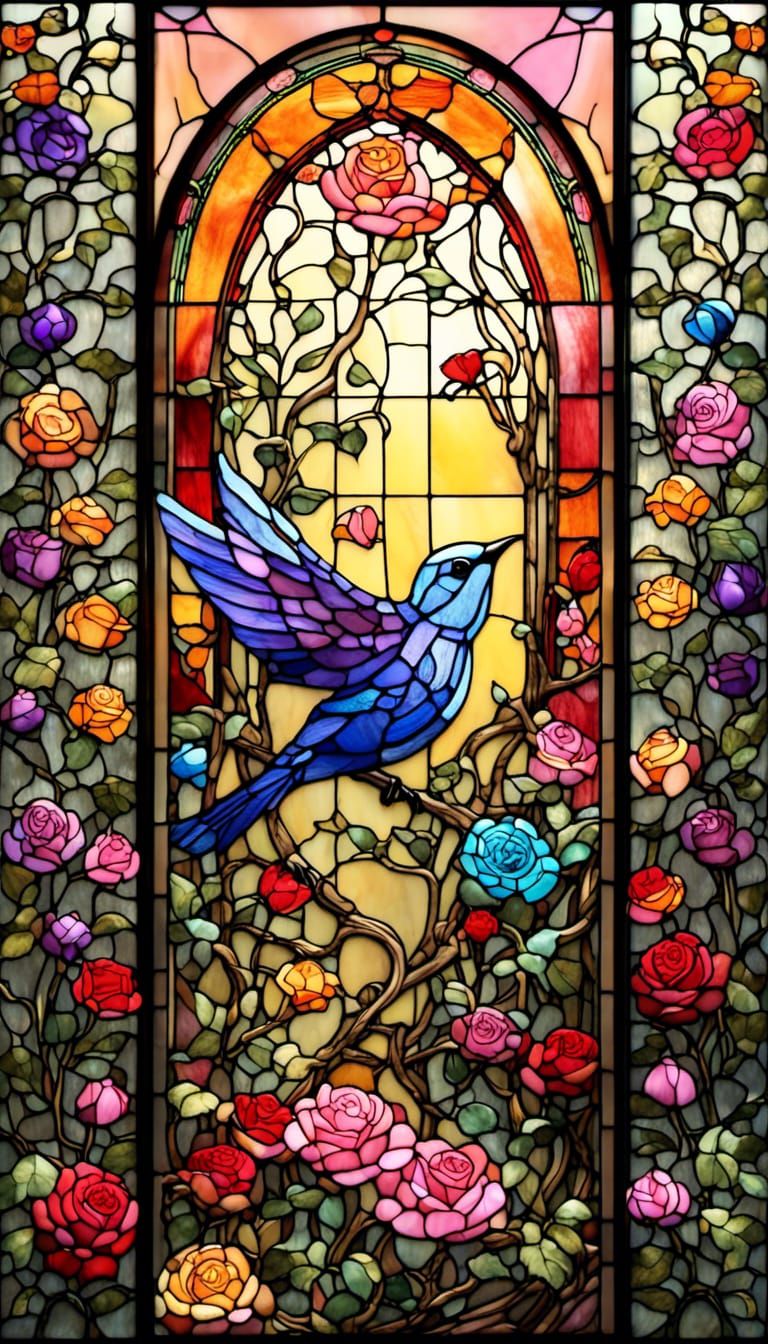 Brilliant Stained Glass Garden with Flying Bluebird