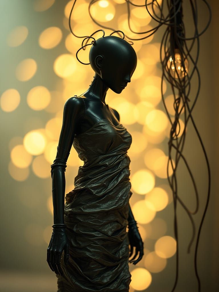 Dystopian Metallic Figure in Kaleidoscopic Bokeh Lights