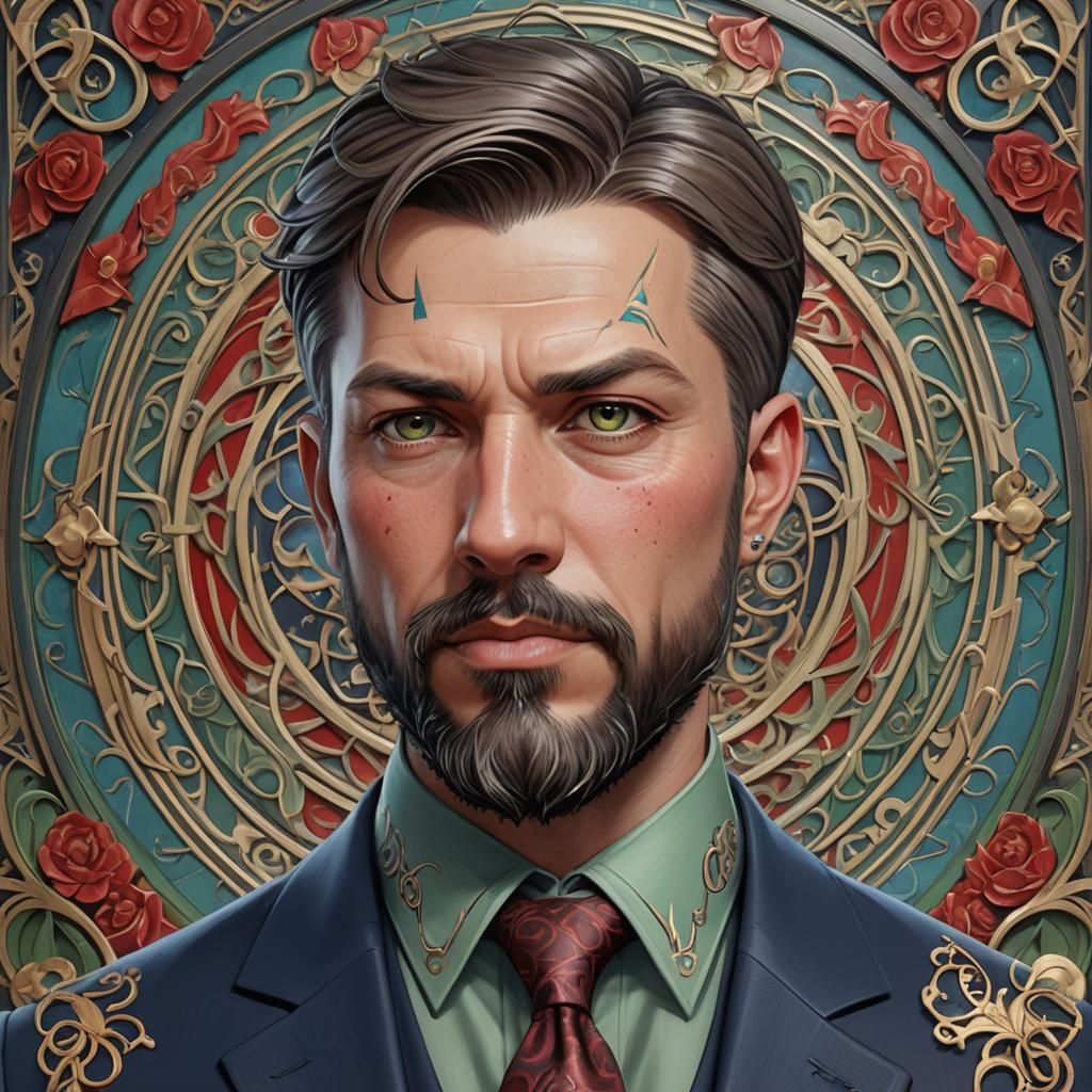 Portrait of Man with Geometric Tattoos in Art Nouveau Frame