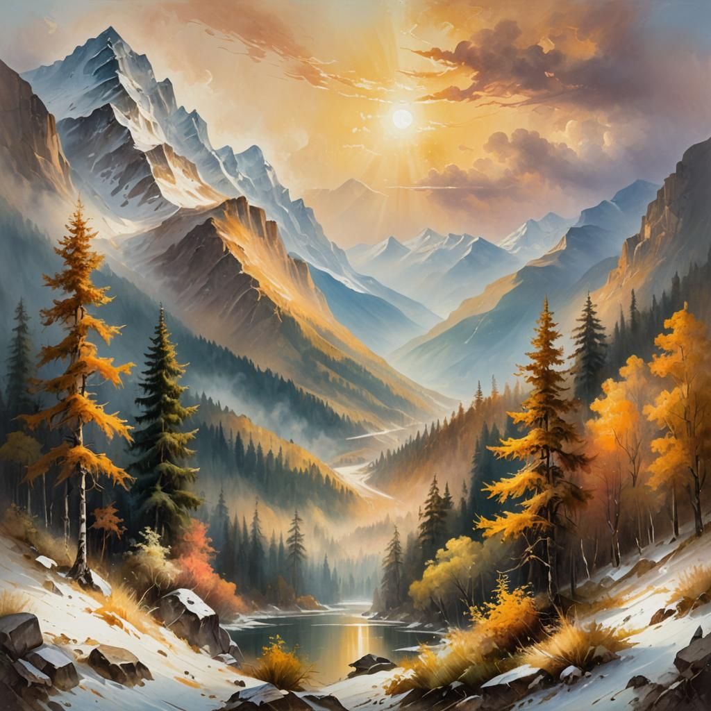 Exotic Mountain Landscape in Impressionistic Oil Painting