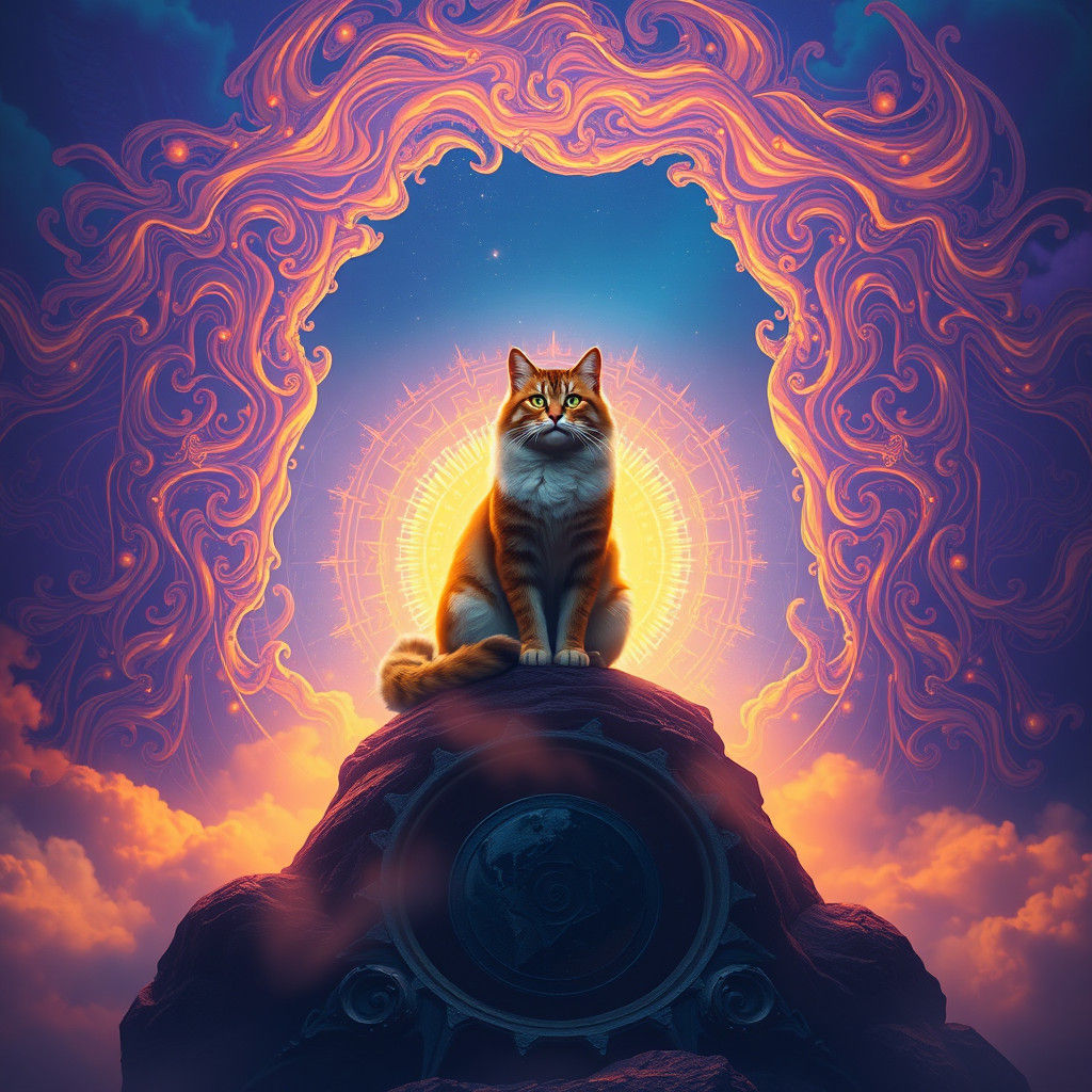 Mystical Cat on Glowing Portal in Digital Painting
