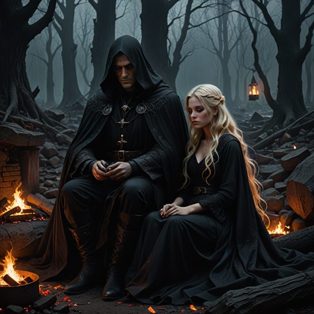Dark Fantasy Scene with Wizard and Sleeping Beauty