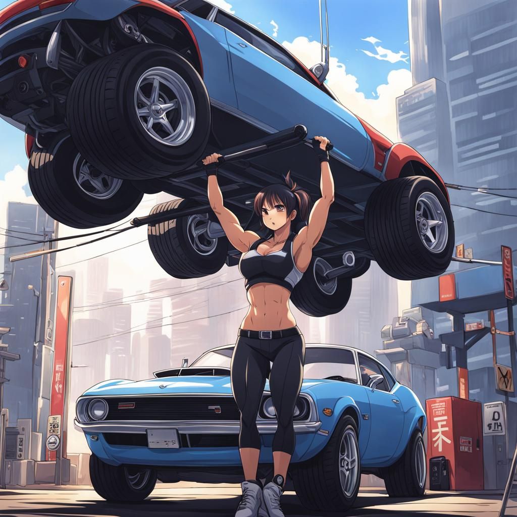 Muscular girl lift a car overhead