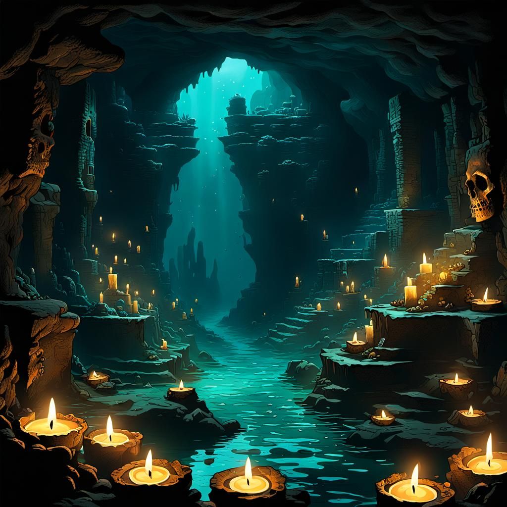 Eerie Undersea Cavern Ruins Lit by Candles