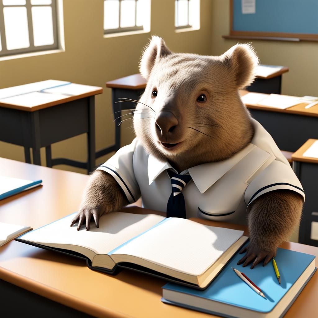 Wombat Student in Classroom Studying Hard