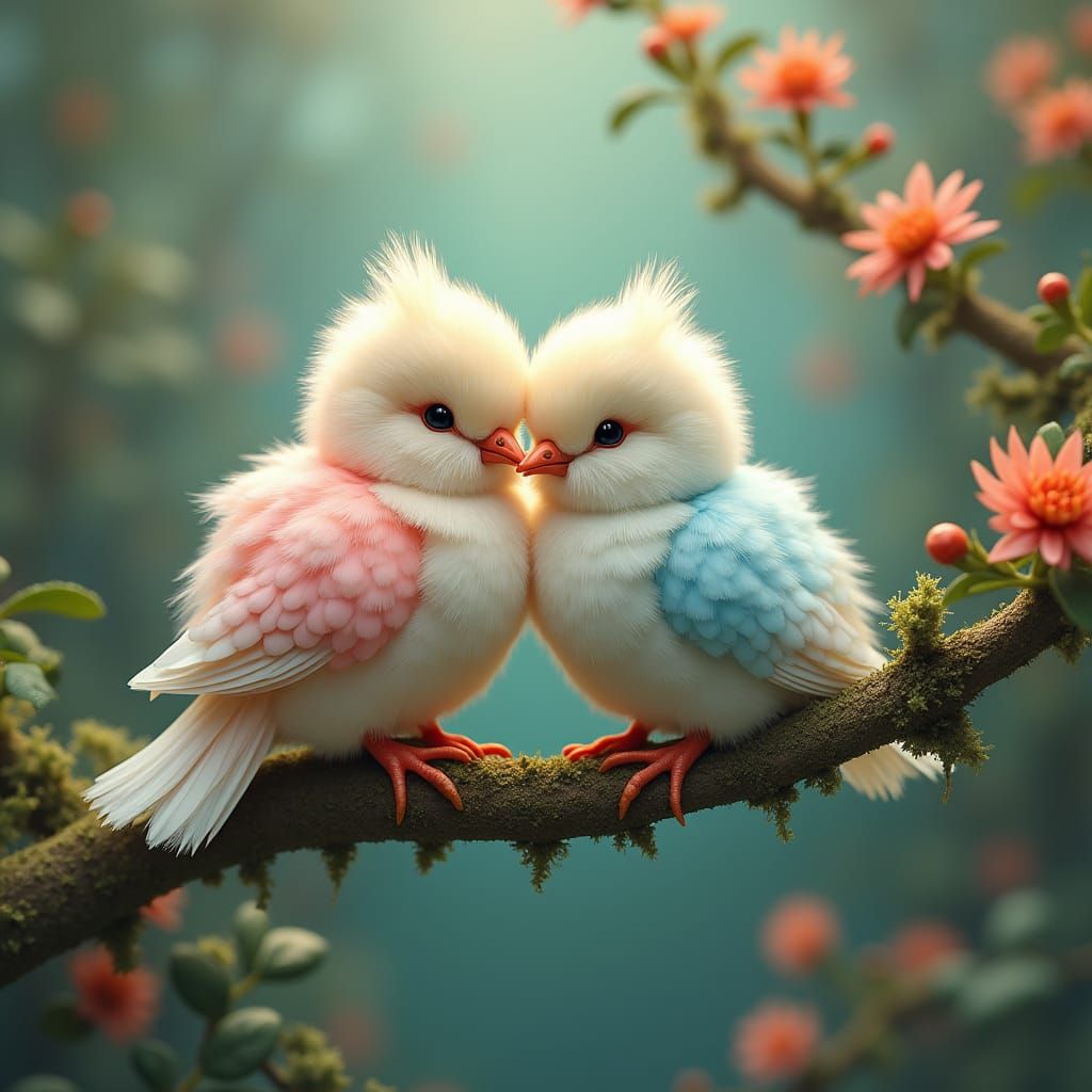 Pastel Pigeons on Branch in Dreamlike Matte Painting