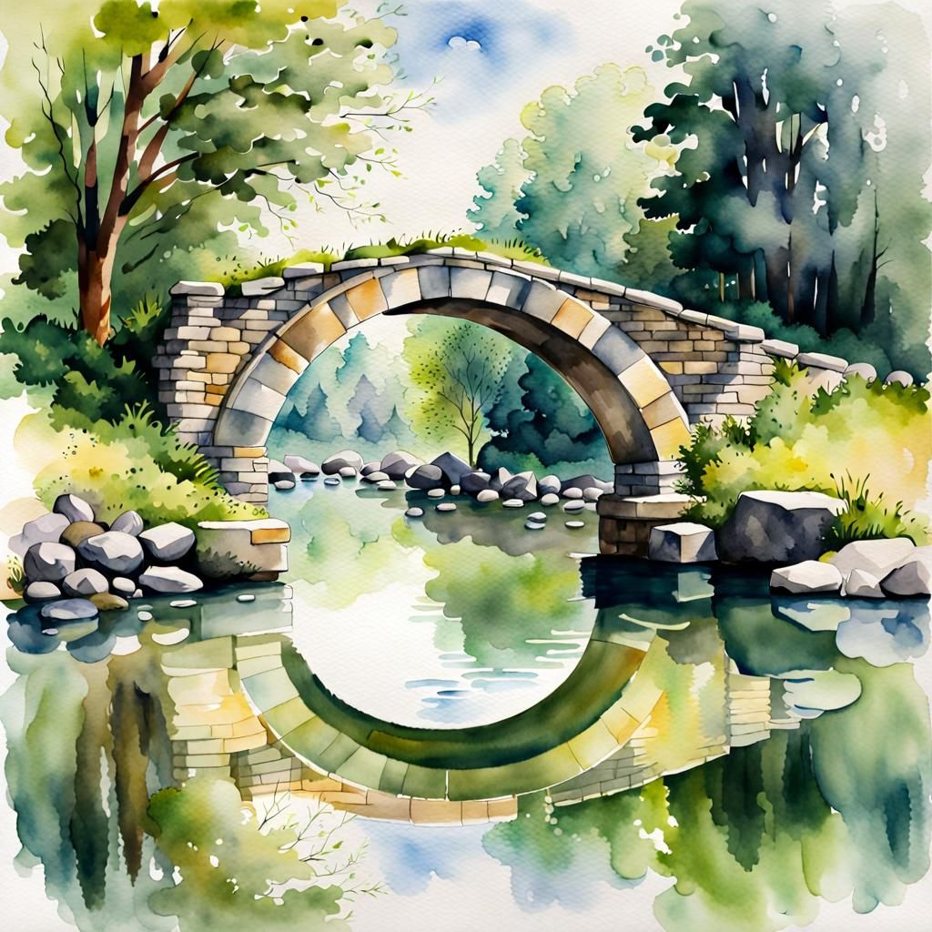 Watercolor Painting of Ancient Circular Arch Bridge