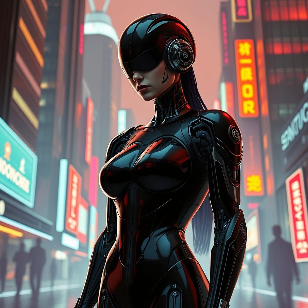 Futuristic Robotic Woman in Cyberpunk Cityscape