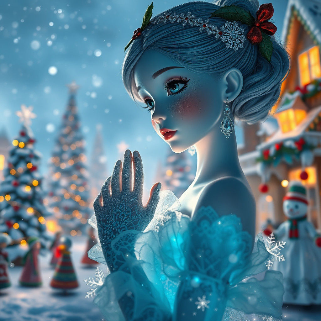 Ethereal Porcelain Doll in Winter Village, Digital Art