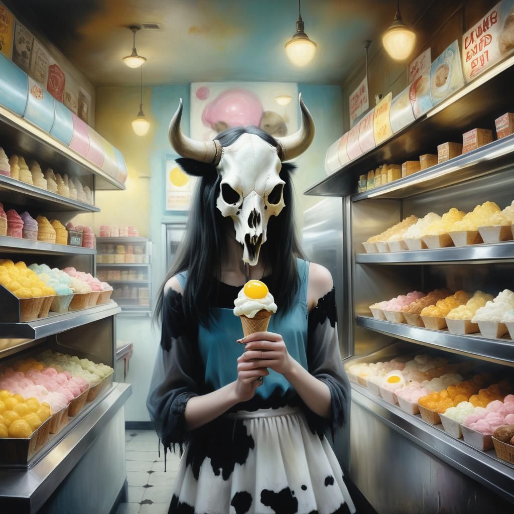 Girl in Cow Skull Buying Ice Cream, Pixar Style