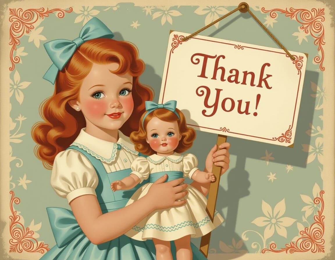 Redheaded Girl with Doll in Nostalgic Illustration