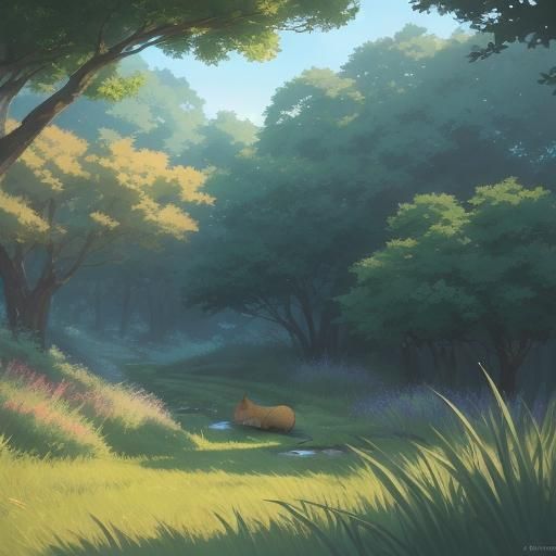 Serene Fox Sleeping in Grass: Anime Concept Art