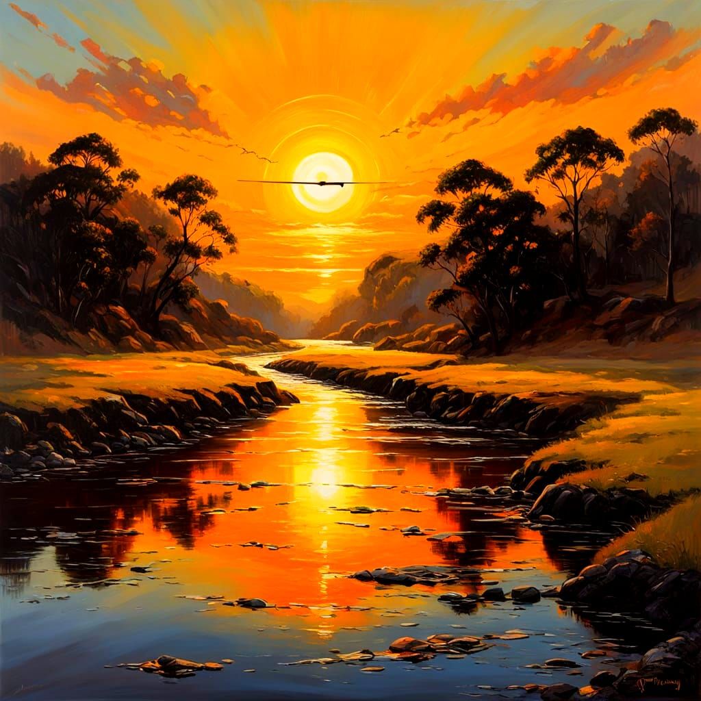 Ethereal Clockwork Sun Over River Landscape