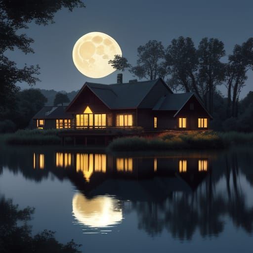 Moonlit Lakeside House in Serene Atmosphere