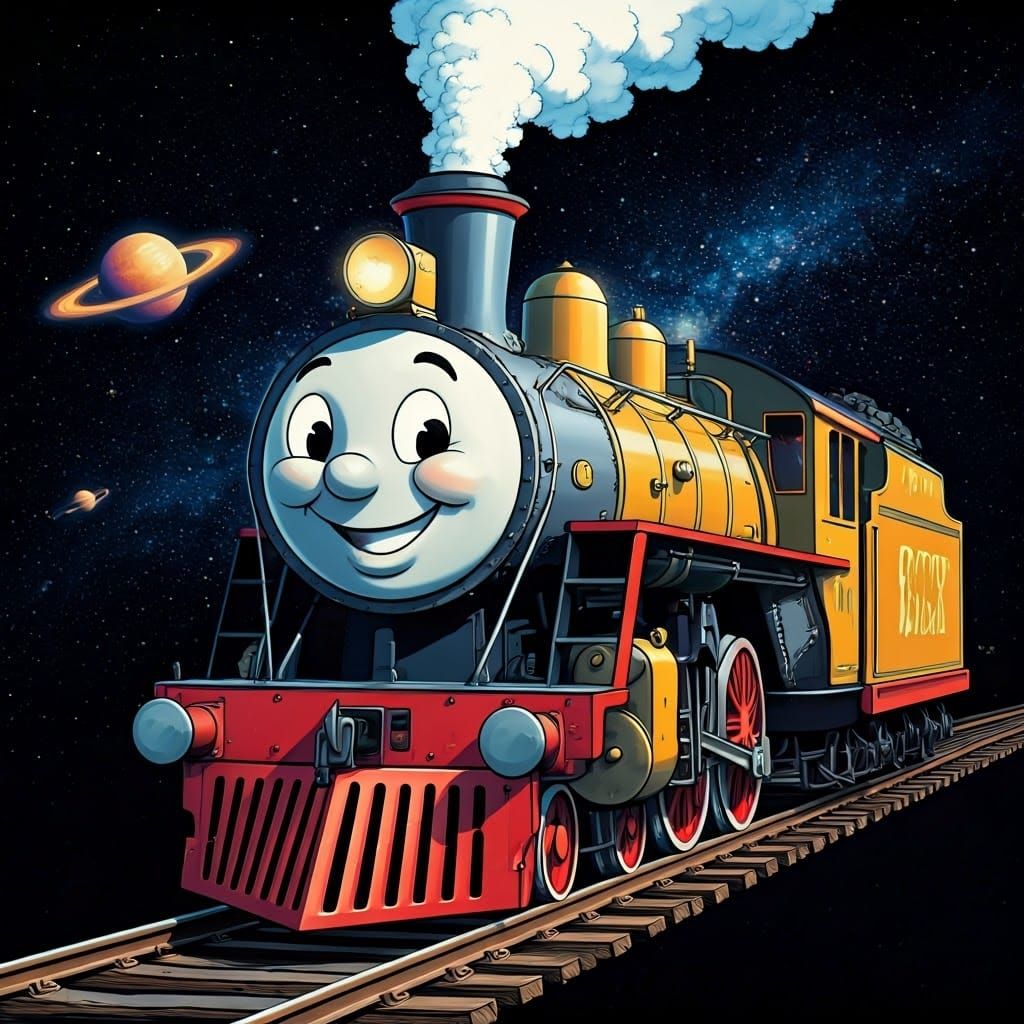 Vibrant Cosmic Steam Train in Whimsical Comic Book Style