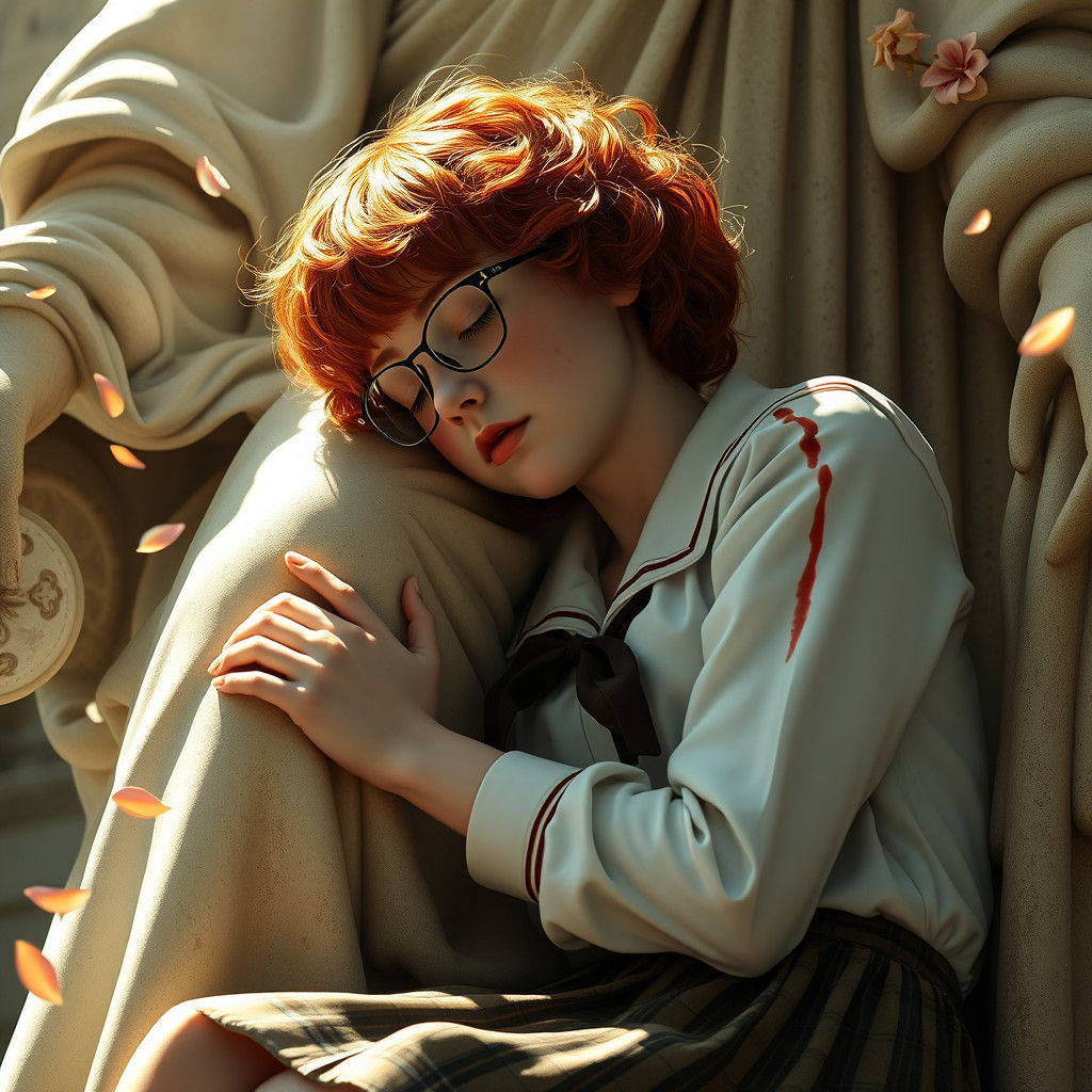 Girl in Mary Statue, Ethereal Chiaroscuro Dreamscape