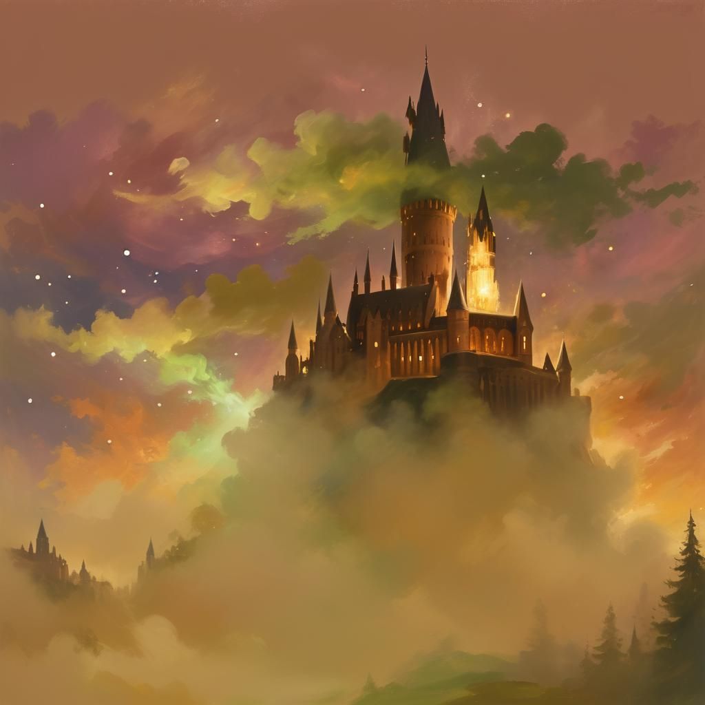 Whimsical Christmas Castle Scene in Oil Painting Style