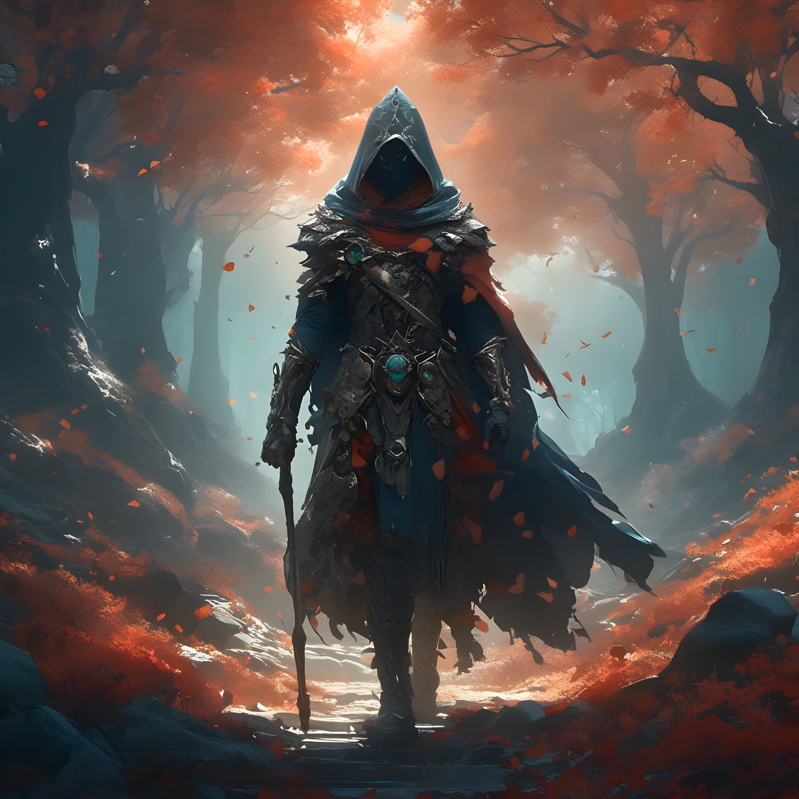 Ethereal Fantasy Warrior in Armor, Set Against a Deeply Deta...