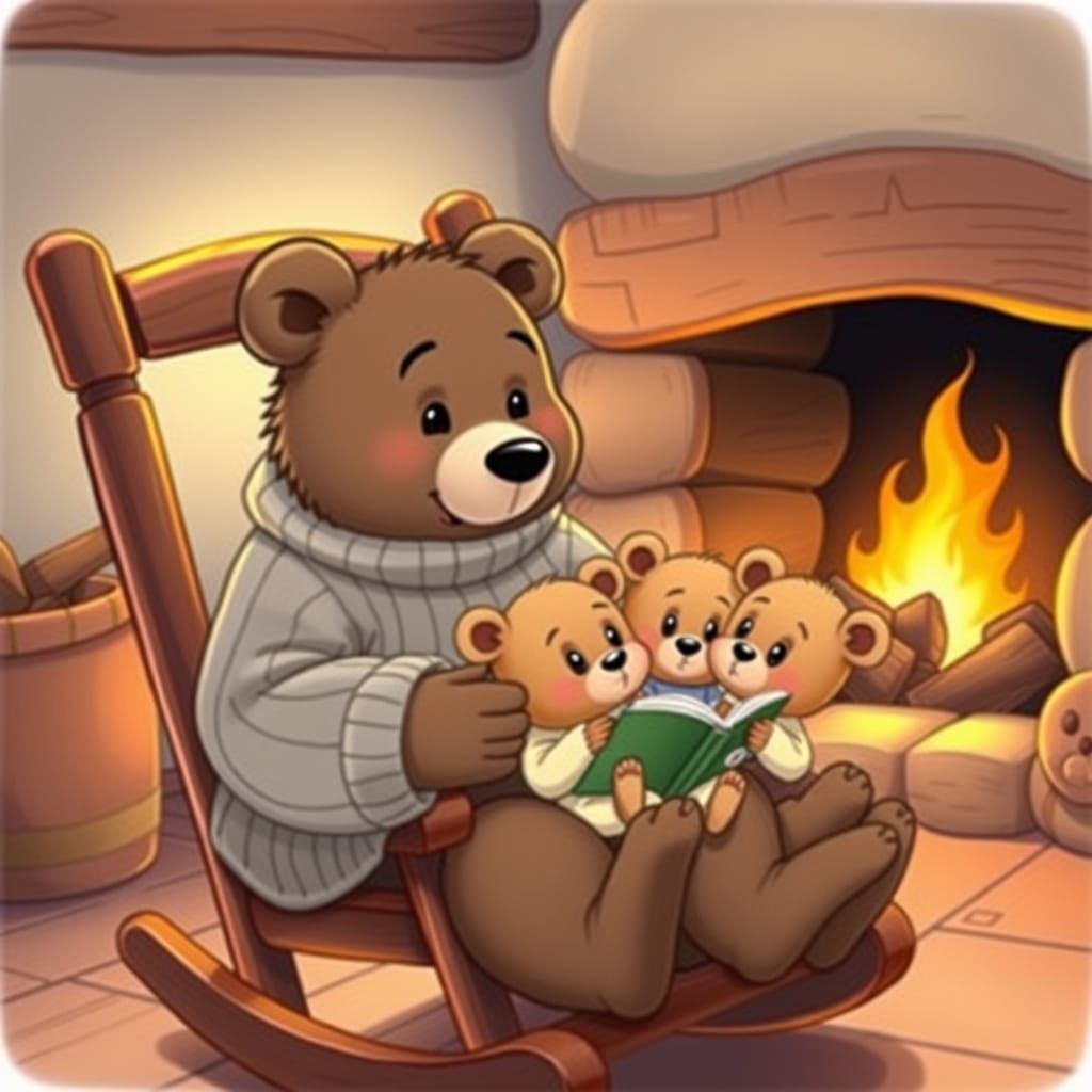 Bear Reads to Baby Bears by Fireplace in Storybook Style