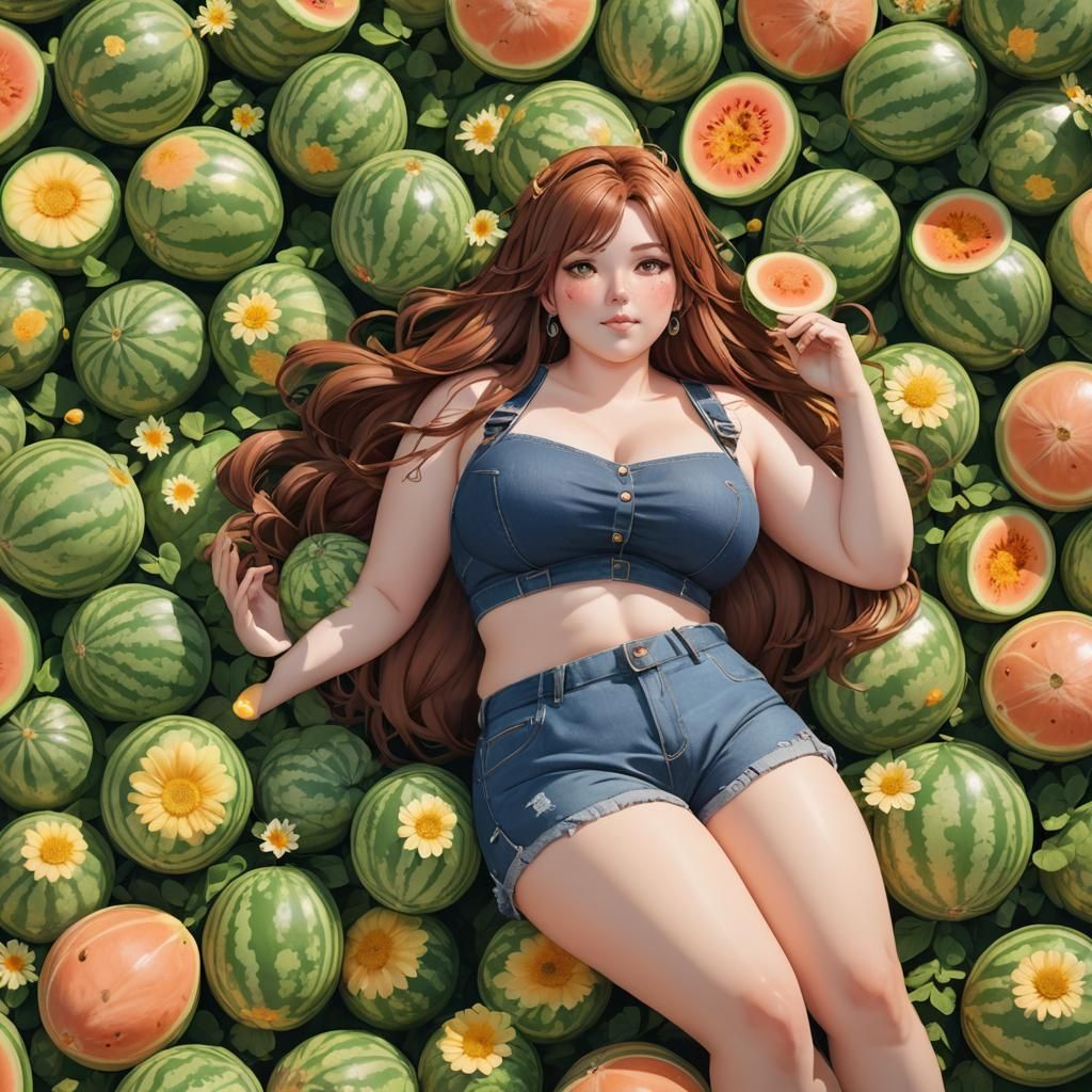 Auburn Haired Girl Lying on Melons, 3D Anime Art