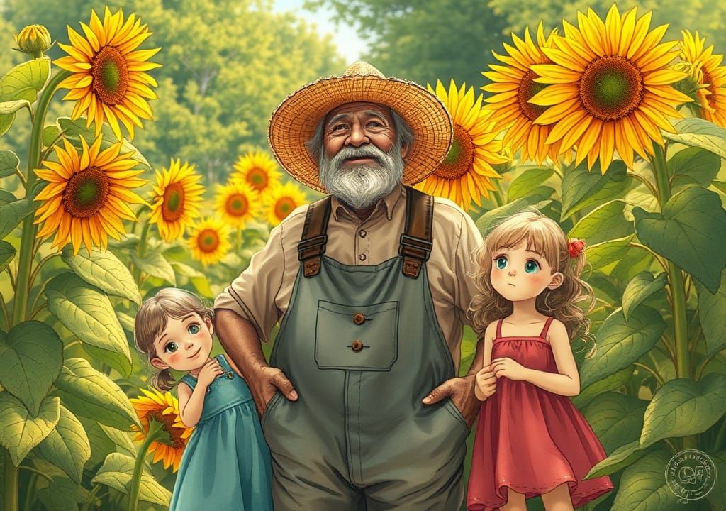 Grandfather and Grandchildren Admire Sunflowers in Art Nouve...