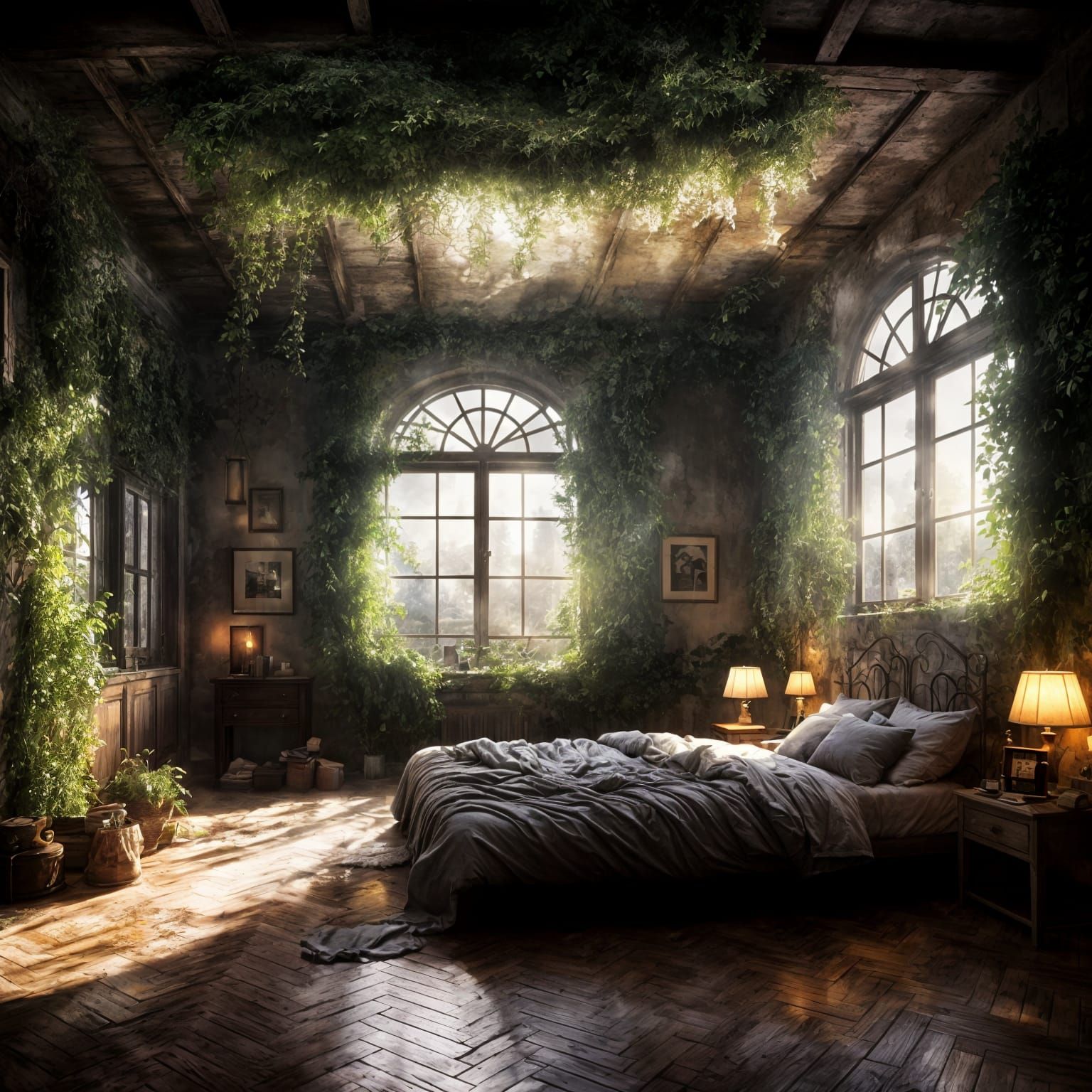 Dusty Bedroom Conquered by Vines in Digital Painting
