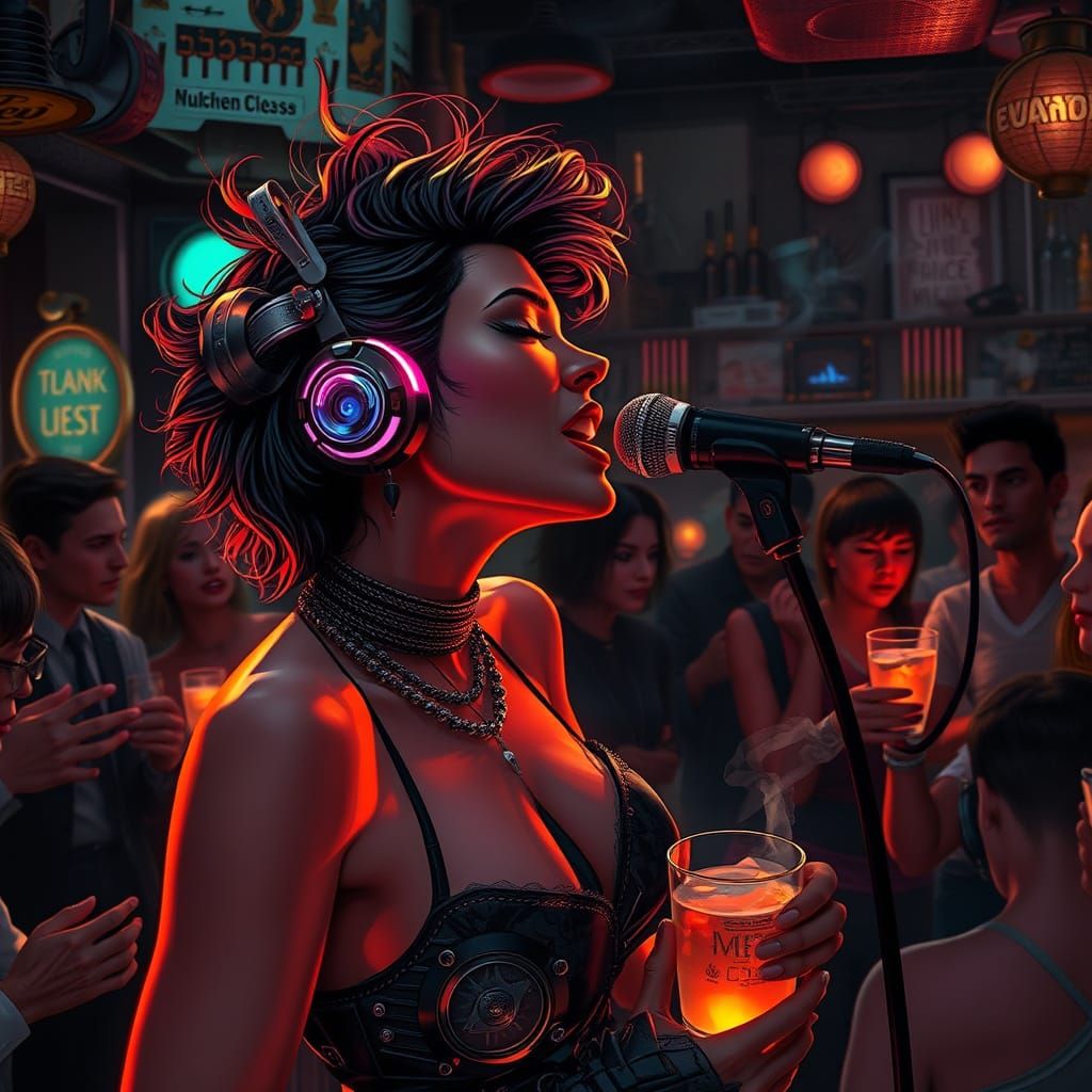 Cyberpunk Singer in Neon Jazz Club, Art Deco Style