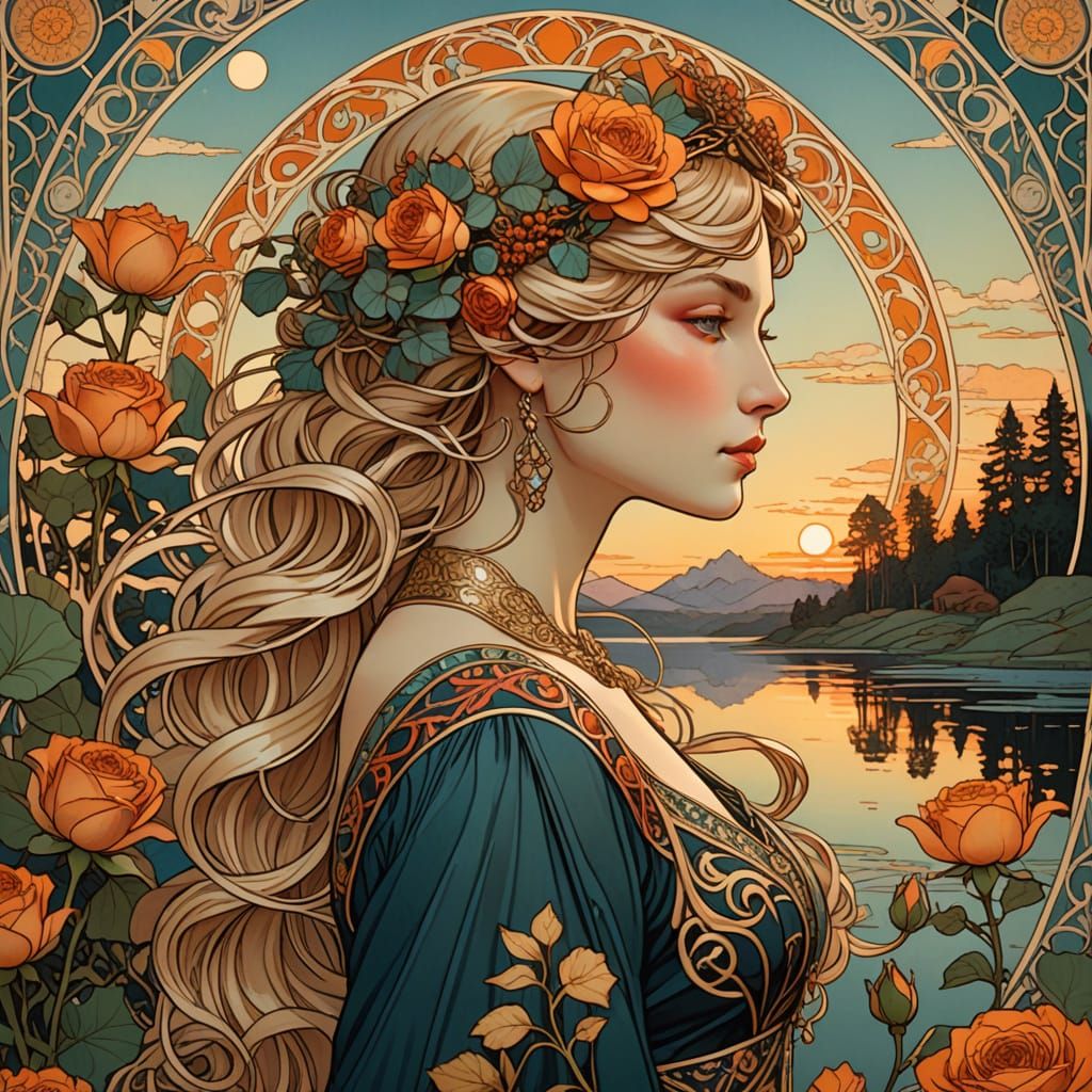 Art Nouveau Portrait of a Woman with Floral Headdress