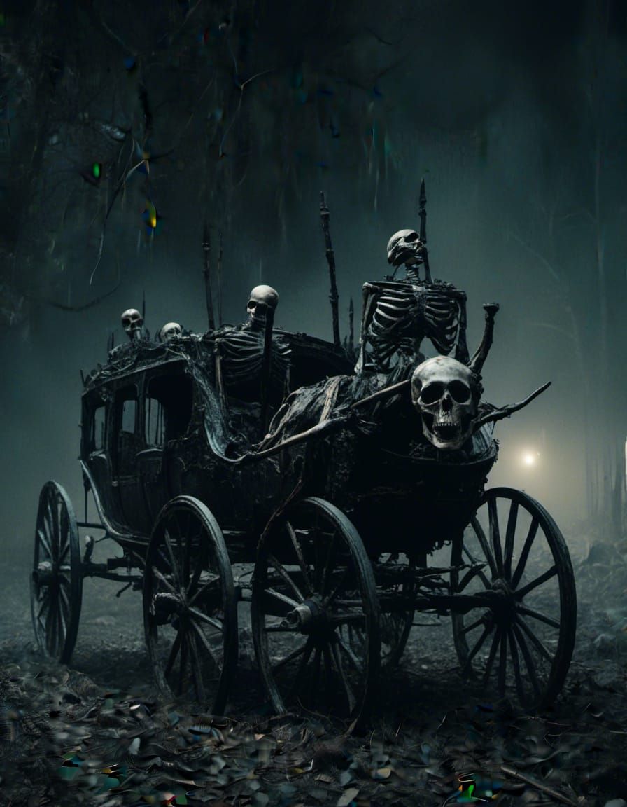 Macabre Skeletons Pulling Carriage in the Night