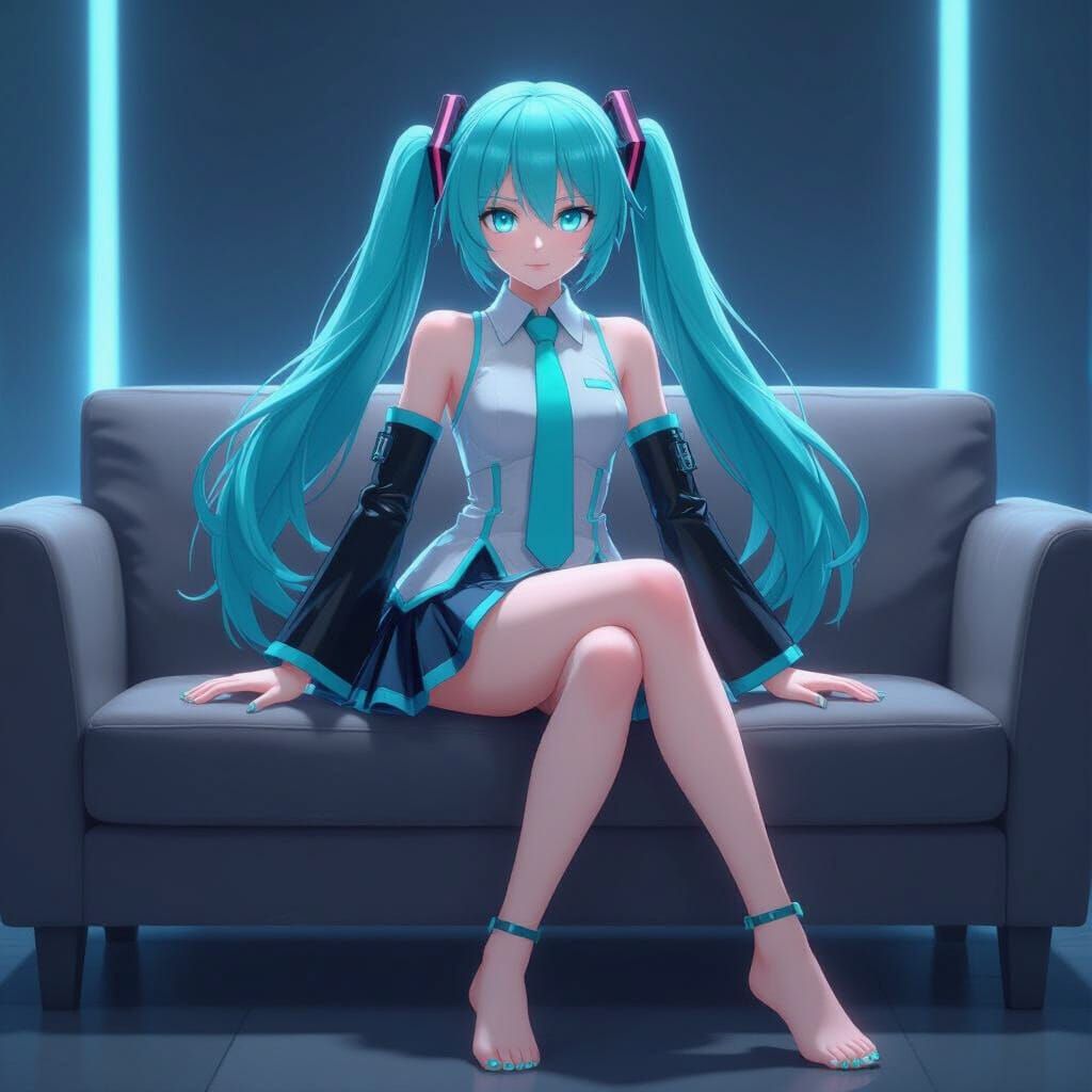 Hatsune Miku on Couch in Cel-Shaded Style