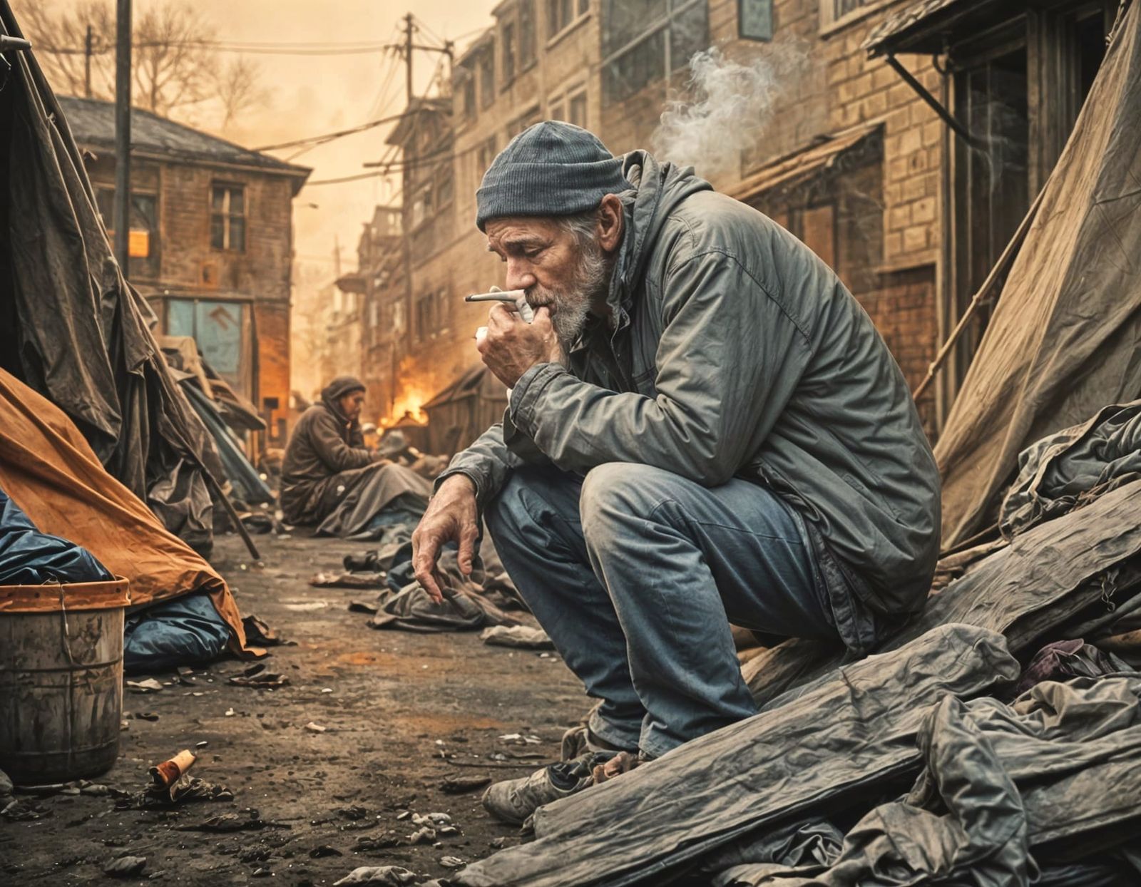 Weathered Homeless Man Portrait in Pastels