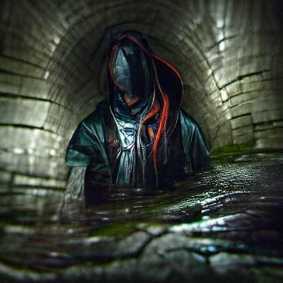 Sinister Hooded Figure in Dark Sewer, Fantasy Art