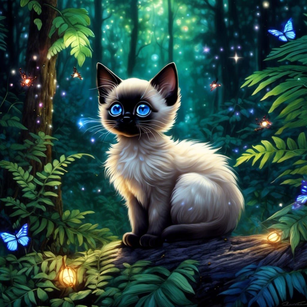 Chibi Siamese Kitten in Luminous Forest