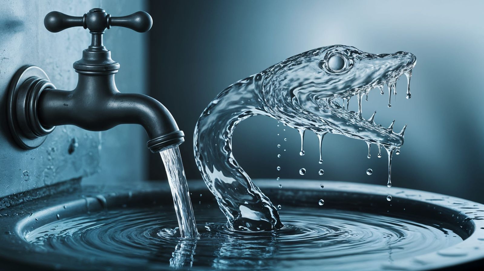 Surreal Liquid Serpent Emerges from Faucet in Hypnotic Scene
