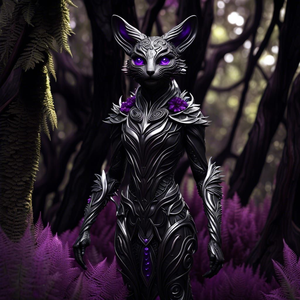 Furry Humanoid Creature with Amethyst Eyes in Dark Woods