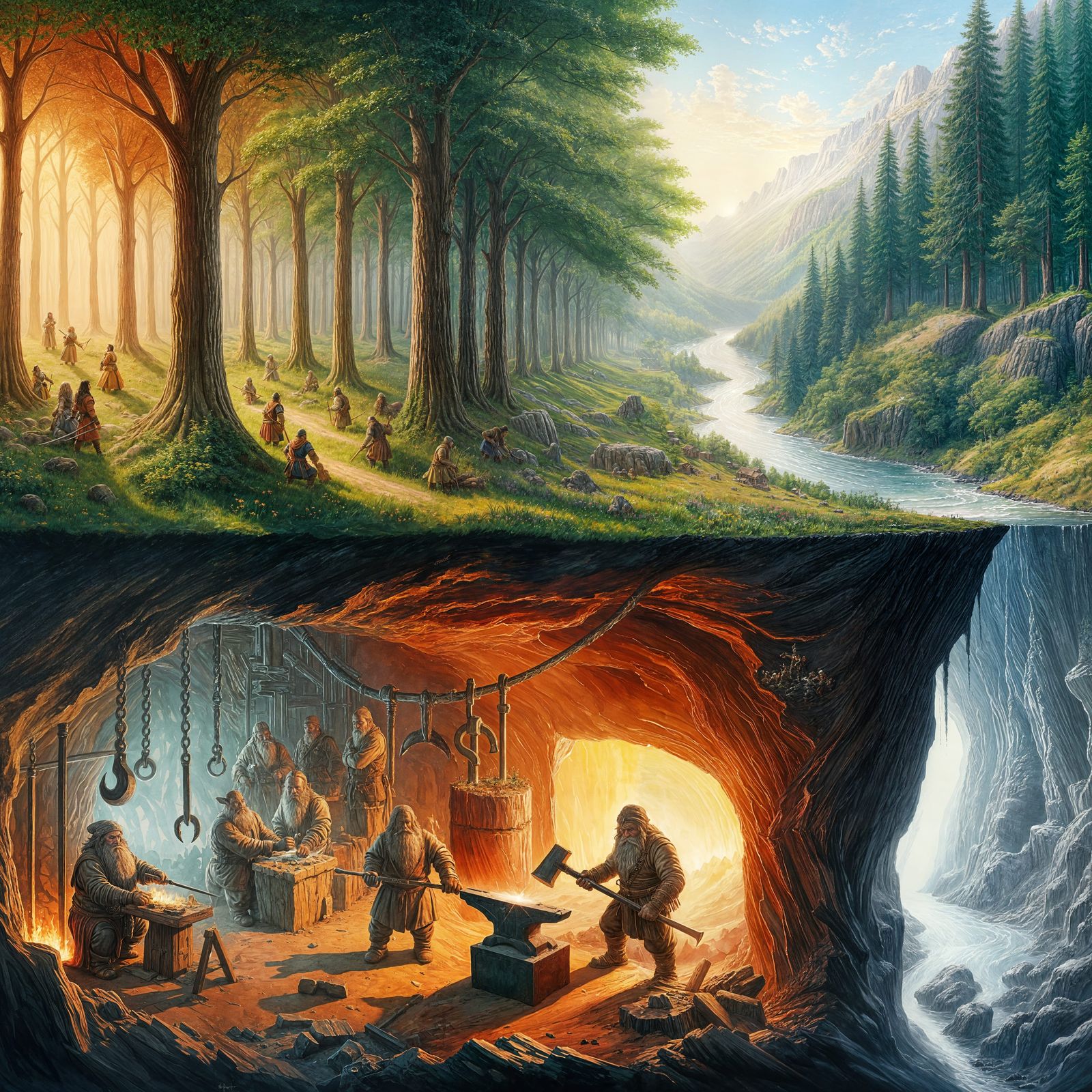 Dwarven Forge Beneath Sunny Forest, Impressionist Gouache