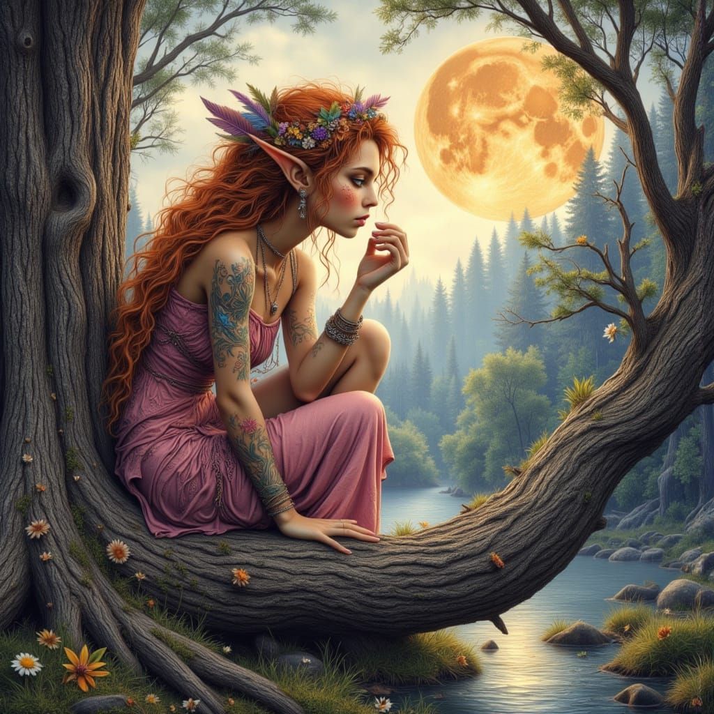 Enchanted Elf in Misty Forest, Mixed Media Illustration