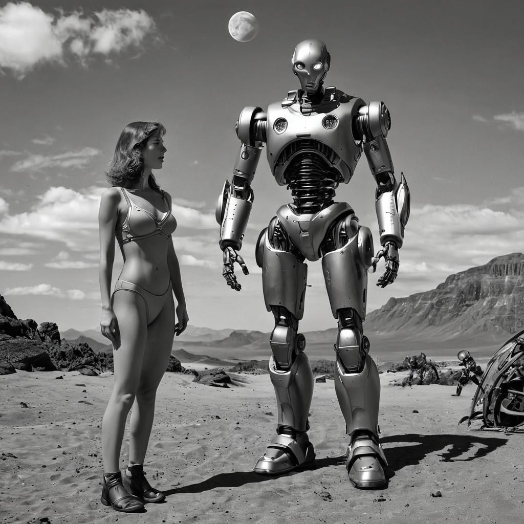 Woman and Robot on Alien World in Noir Style