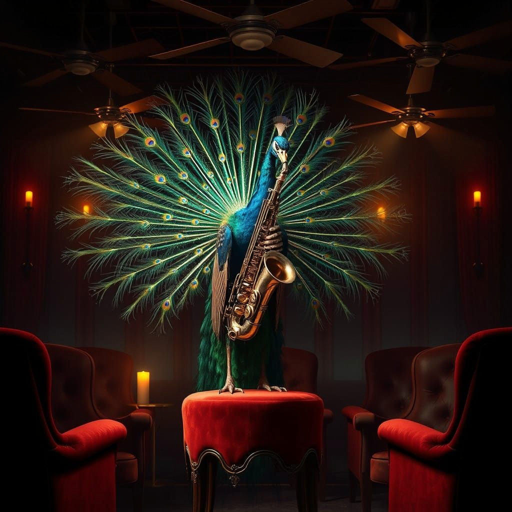 Sultry Jazz Peacock Serenade in a Smoky Nightclub